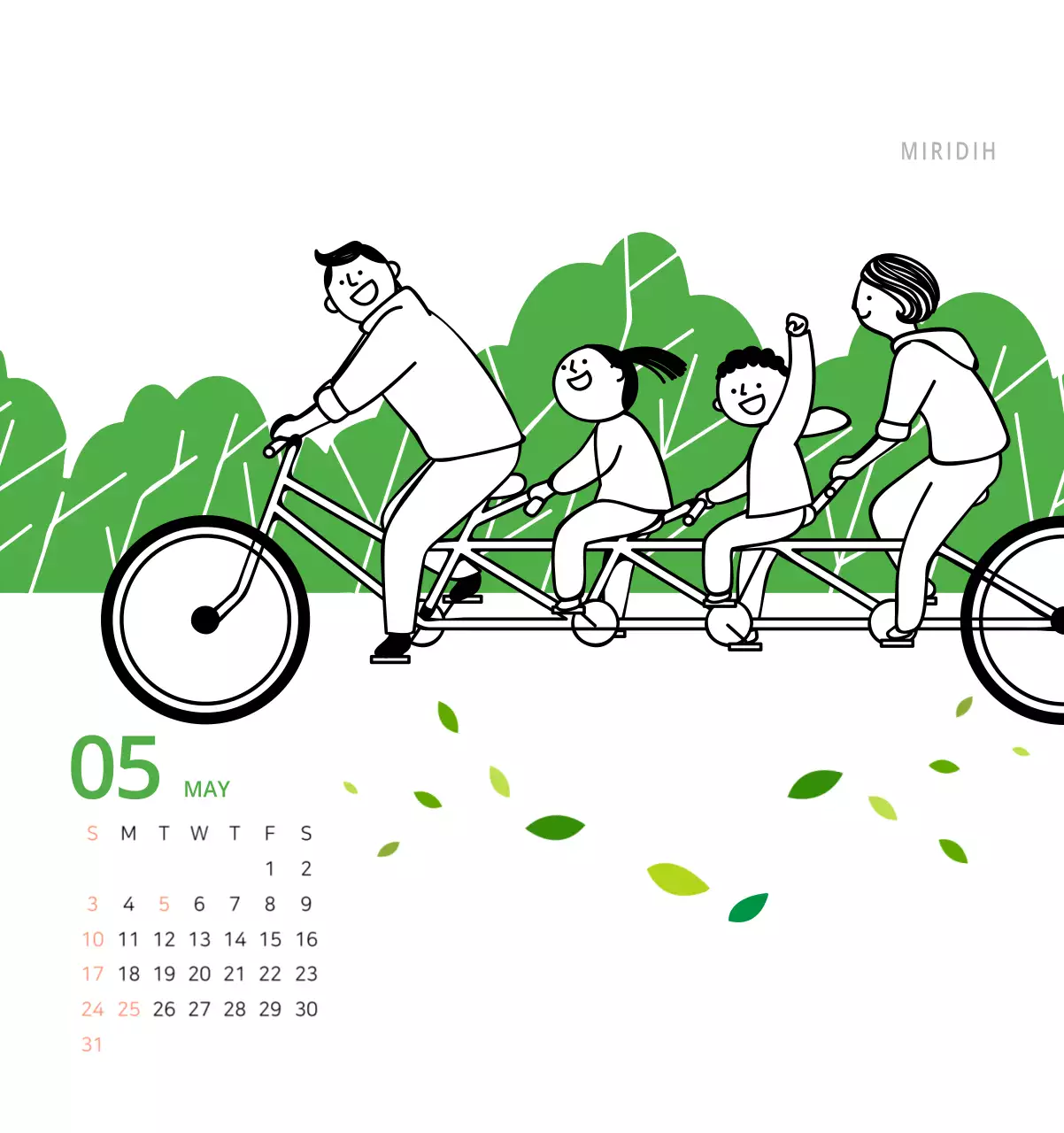 귀여운 일러스트 초록색 가족테마 탁상달력