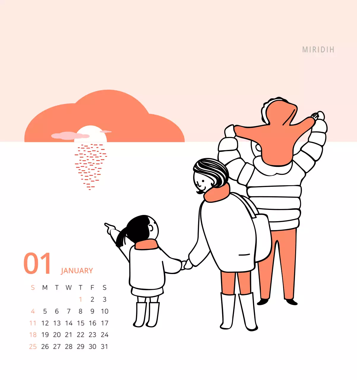 귀여운 일러스트 초록색 가족테마 탁상달력