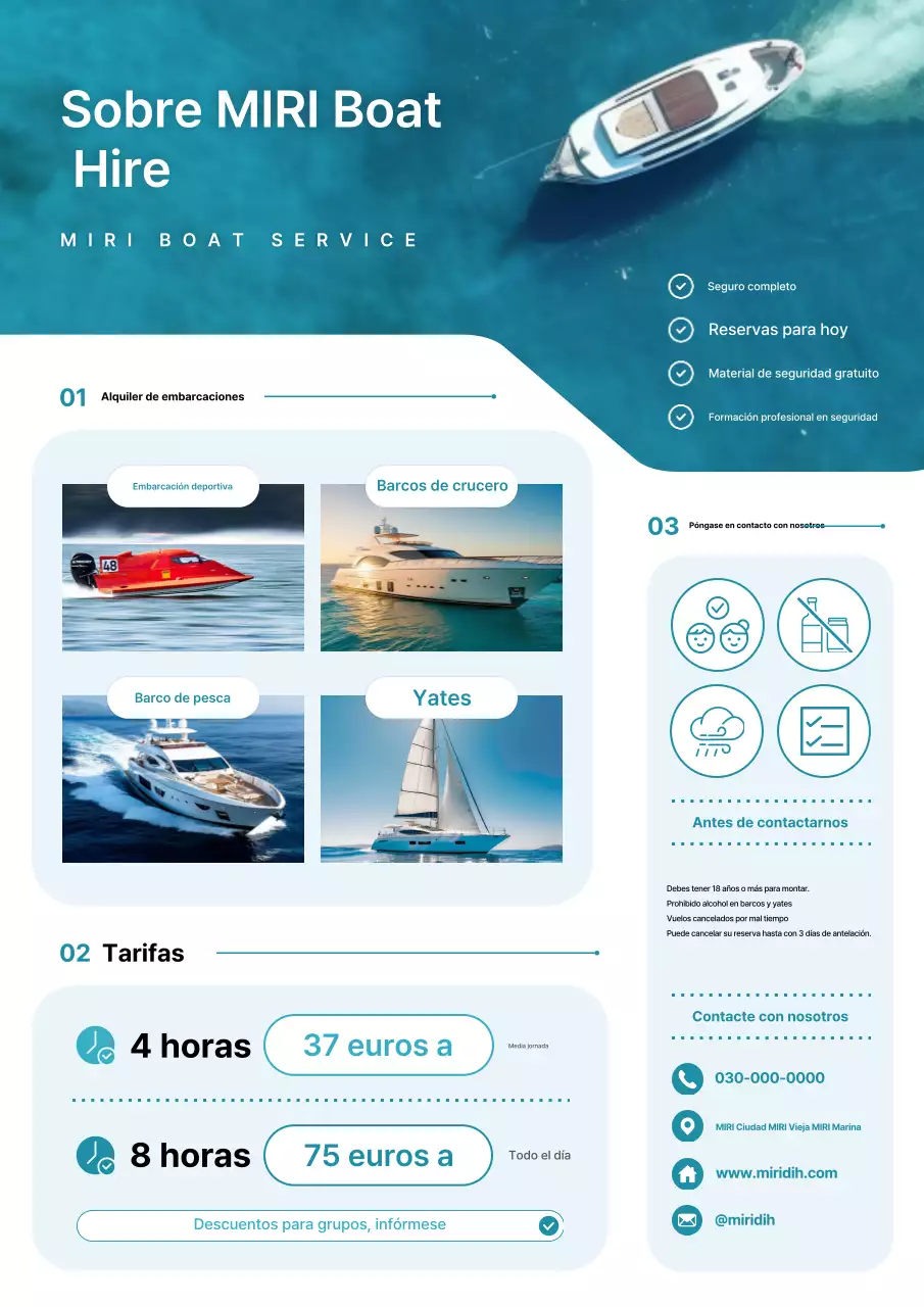 Promoción de información de alquiler de embarcaciones limpias y de color azul cielo