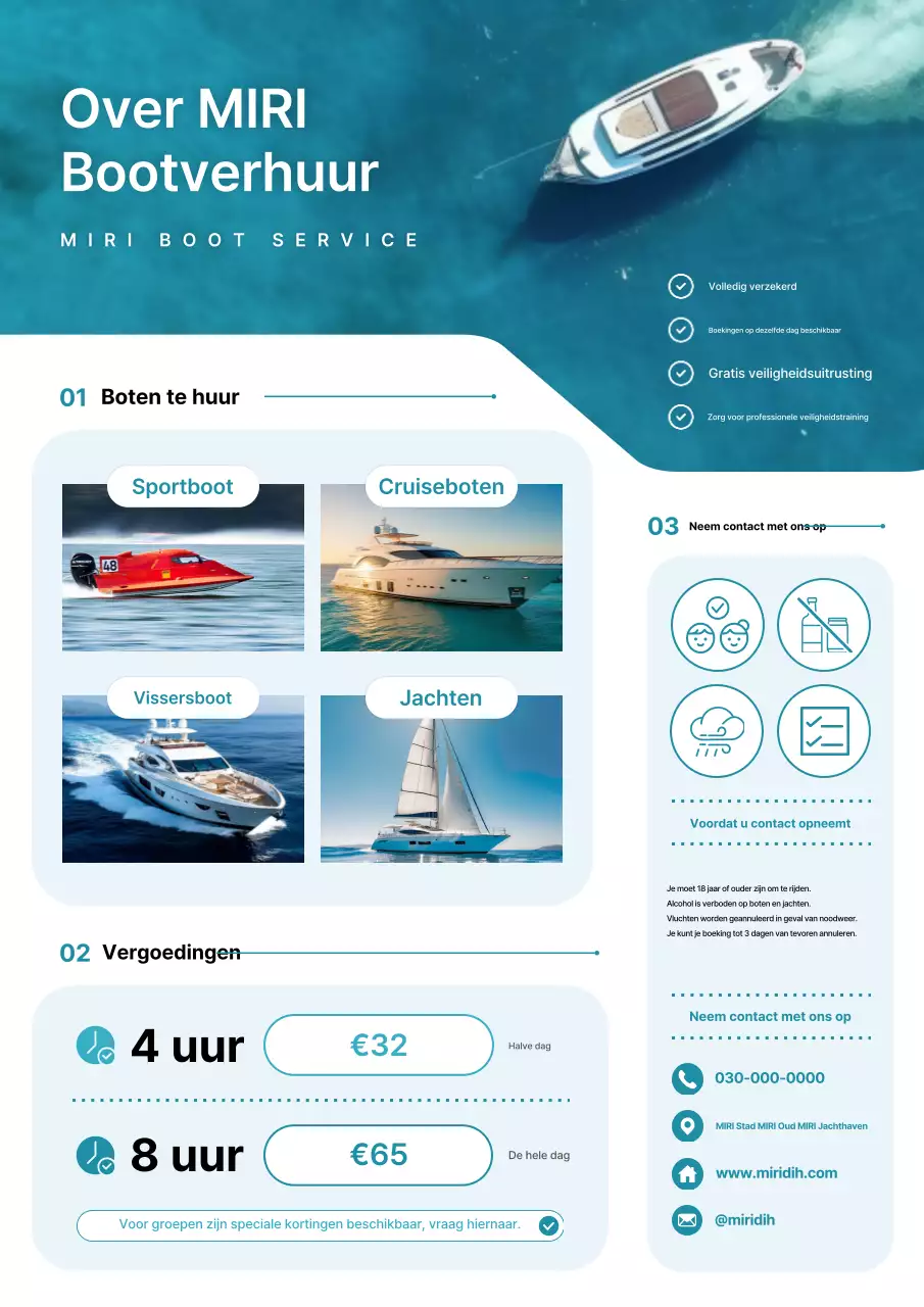 Promotie van verhuurinformatie voor schone, hemelsblauwe boten