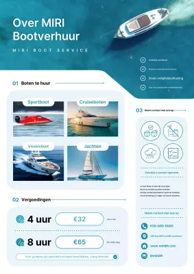 Promotie van verhuurinformatie voor schone, hemelsblauwe boten