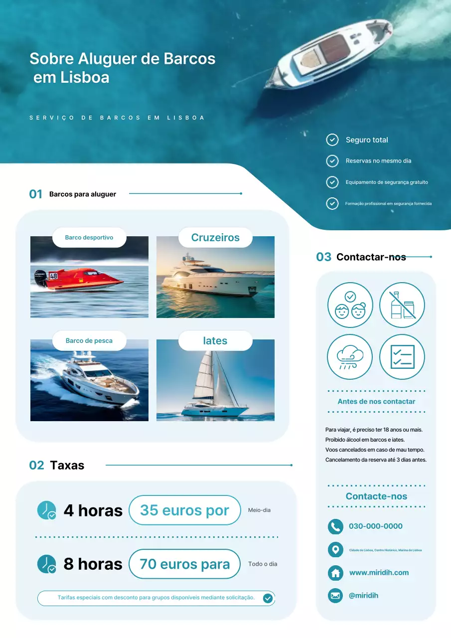 Promoção de informações sobre aluguel de barcos limpos e azuis