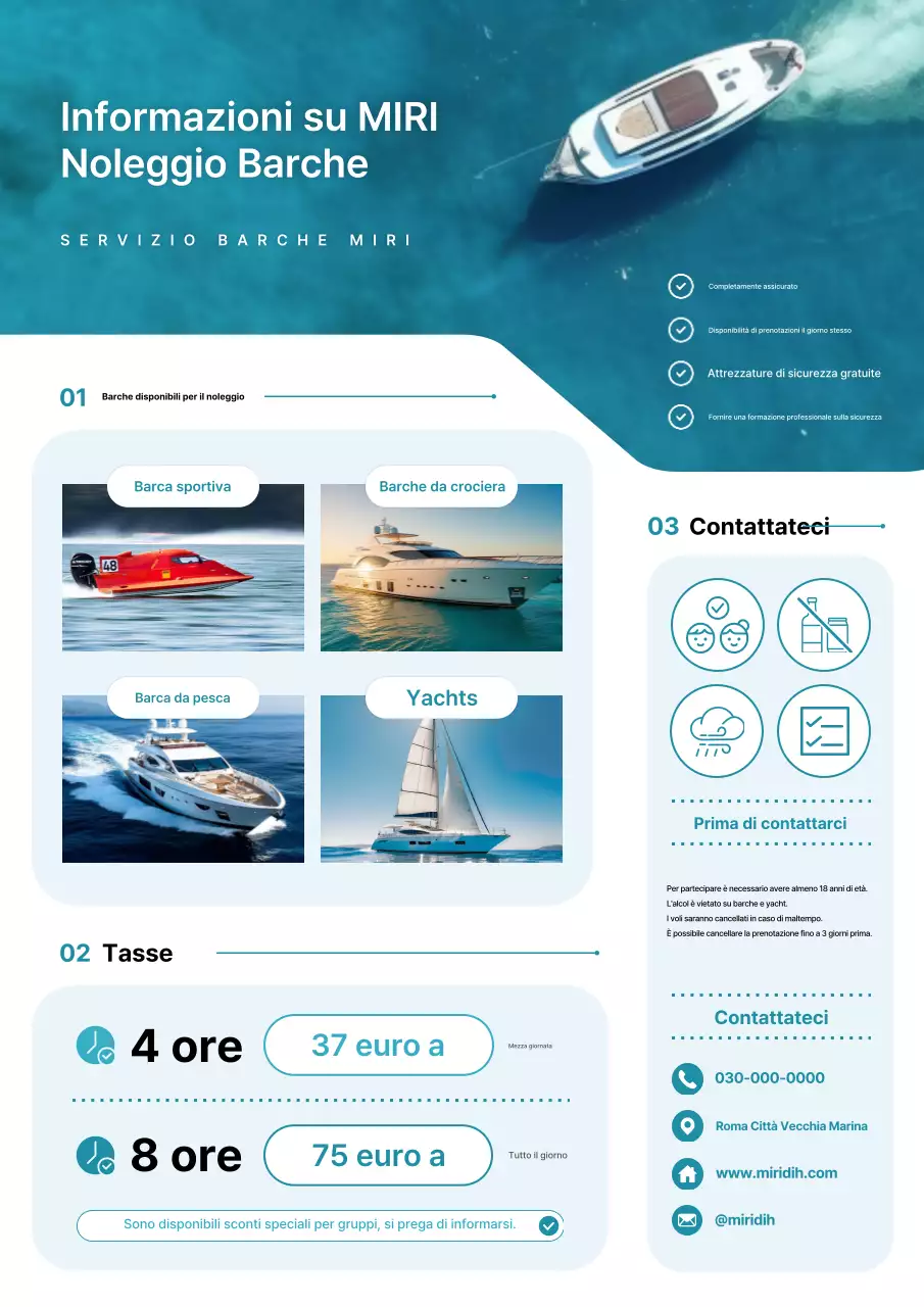 Promozione di informazioni sul noleggio di barche pulite e di colore azzurro cielo