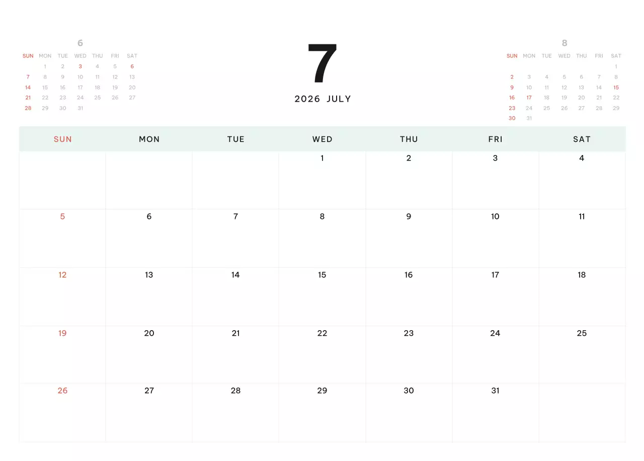 하늘색 모던 캘린더 달력