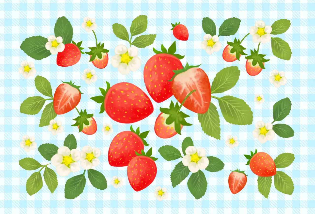 하늘색 배경의 귀여운 딸기와 딸기꽃 잎사귀 일러스트 엽서