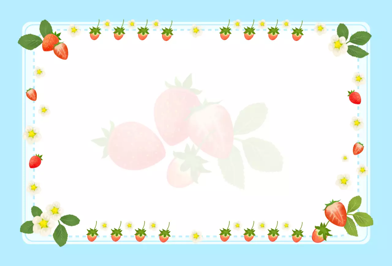 하늘색 배경의 귀여운 딸기와 딸기꽃 잎사귀 일러스트 엽서