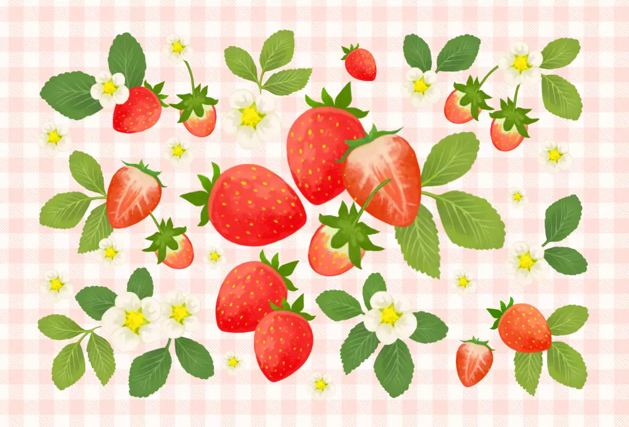 핑크색 배경의 귀여운 딸기와 딸기꽃 잎사귀 일러스트 엽서