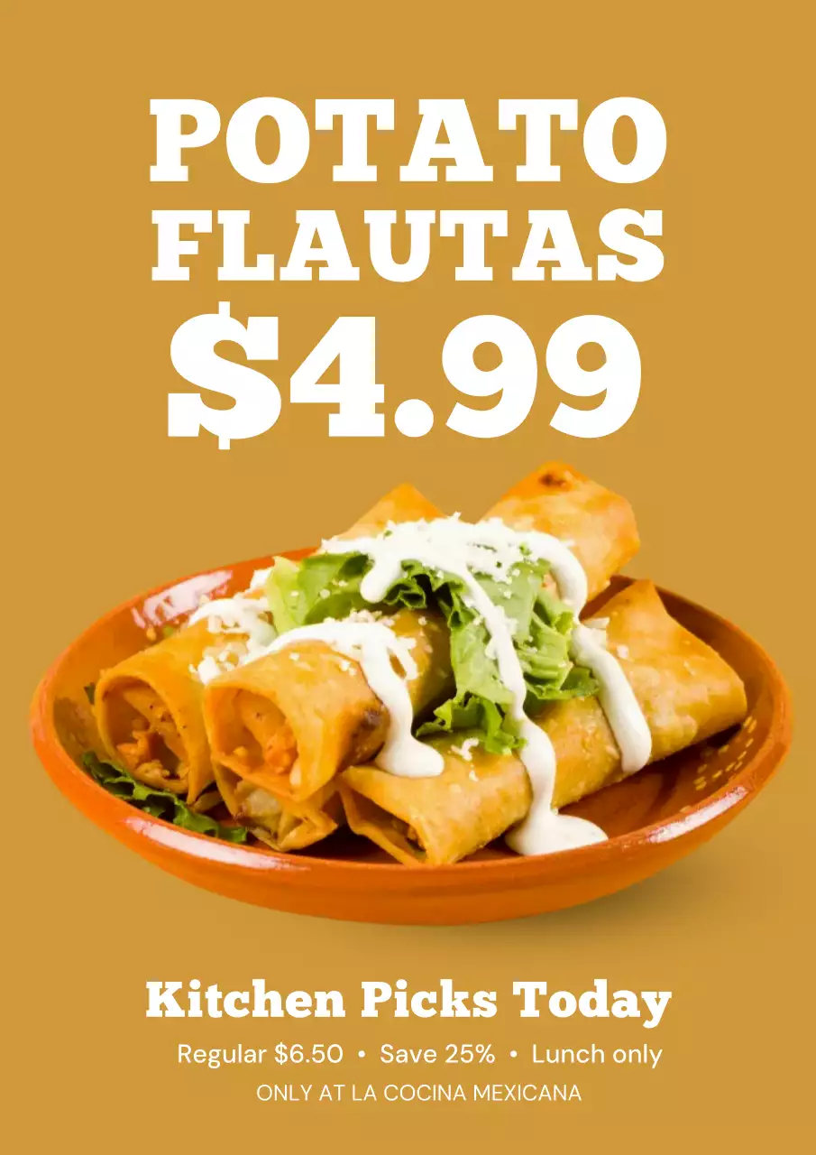 Mustard Yellow Rustic Potato Flautas Promotion Poster