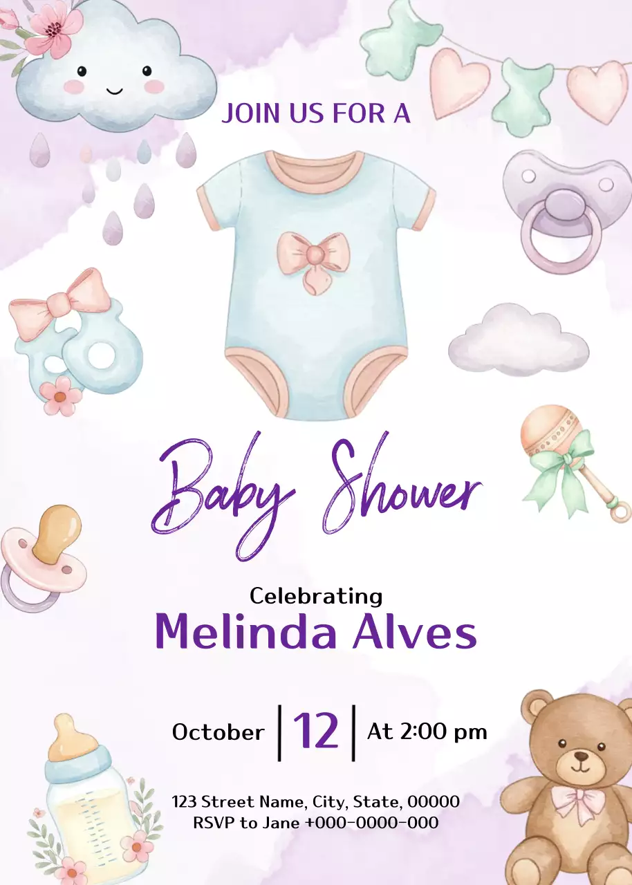 파스텔 보라와 파랑의 수채화 베이비 샤워 초대장