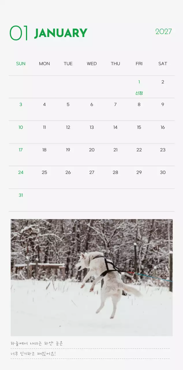 초록색 포인트 컬러에 강아지 사진과 귀여운 메시지가 있는 달력