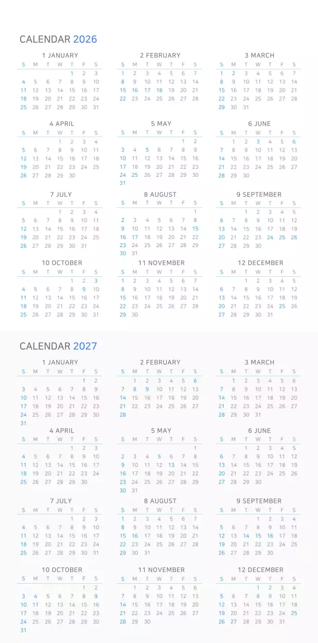 파란색과 하얀색의 심플한 비즈니스 컨셉 벽걸이 달력