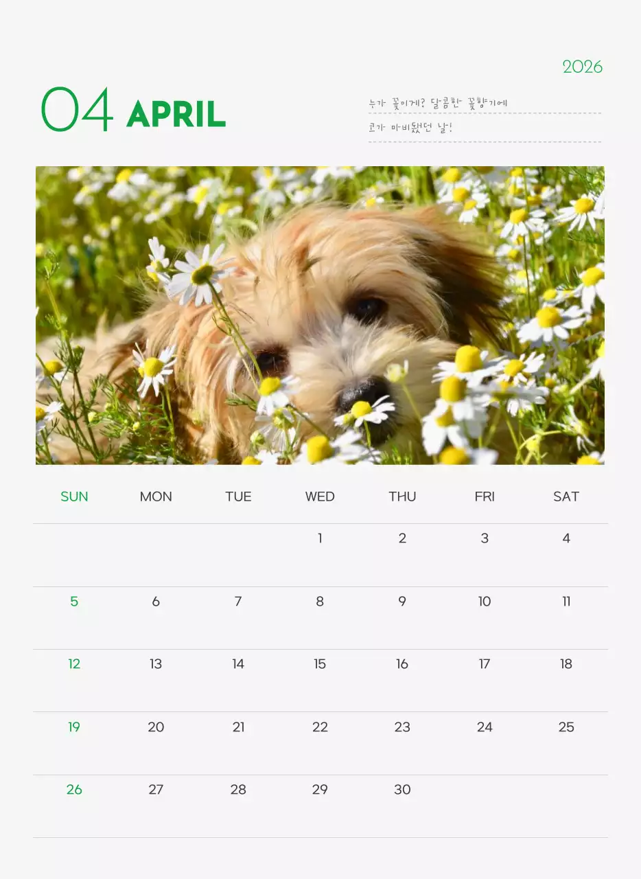 초록색 포인트 컬러에 강아지 사진과 귀여운 메시지가 있는 달력