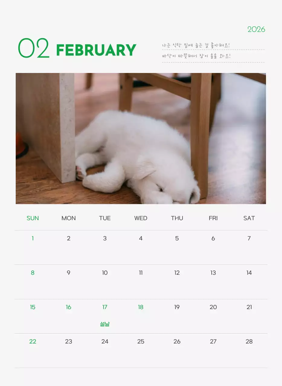 초록색 포인트 컬러에 강아지 사진과 귀여운 메시지가 있는 달력