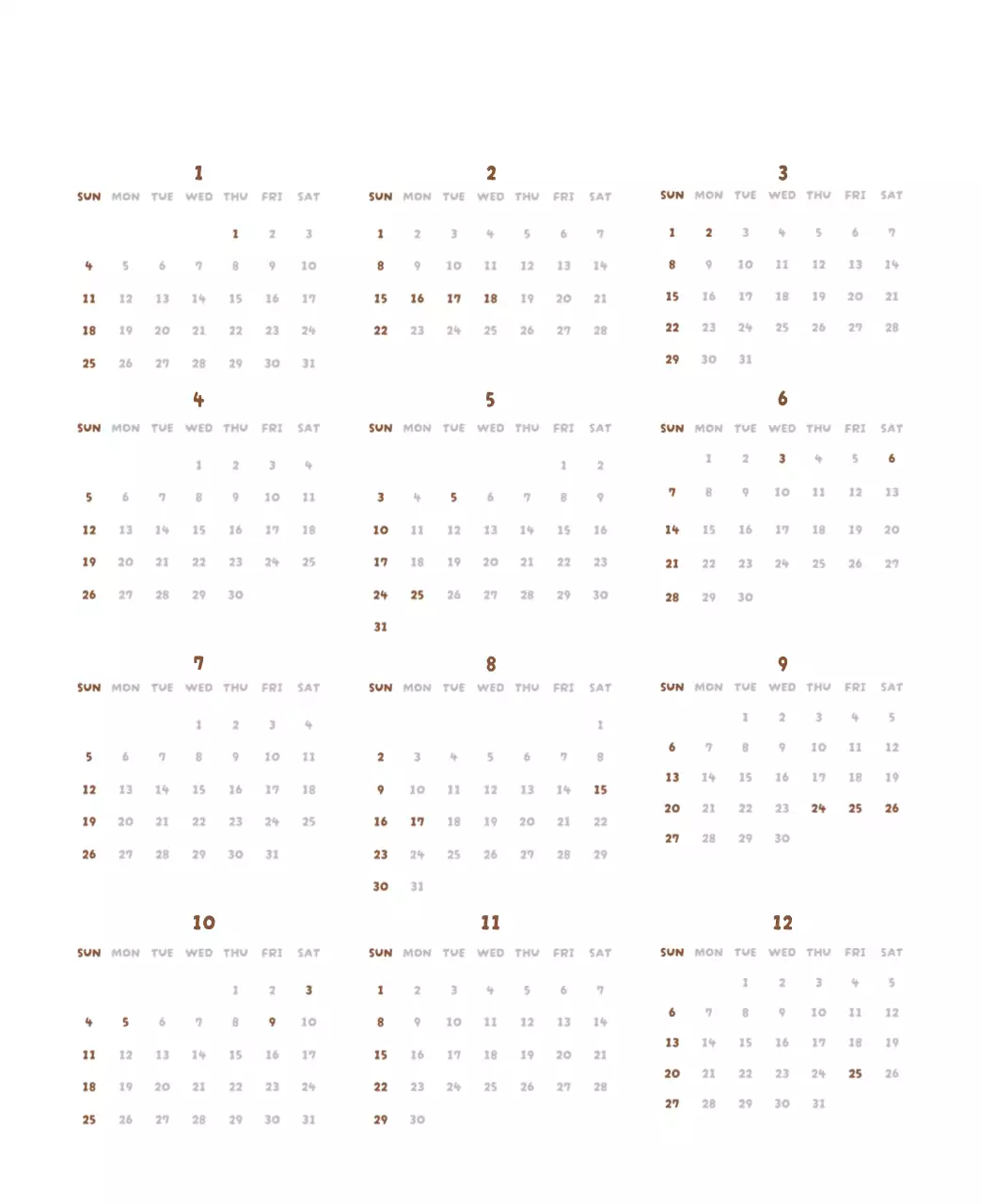 갈색 아기자기한 달력 캘린더