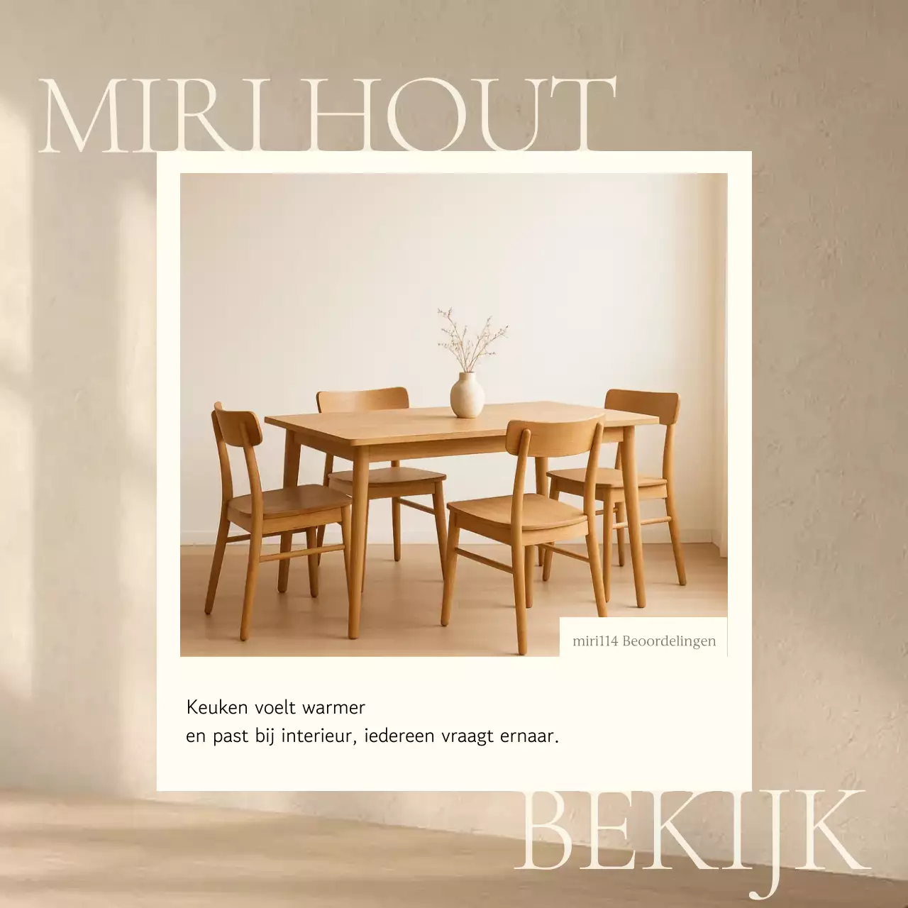 Advertentie voor een recensie van beige minimalistische houten interieurmeubels