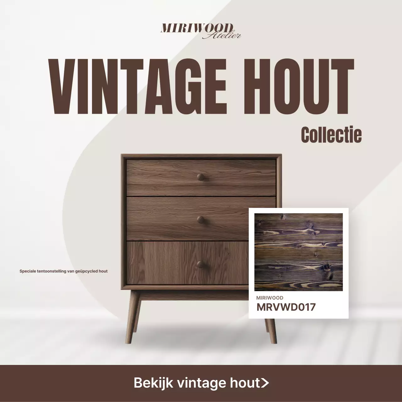 Tentoonstelling van bruine vintage meubels