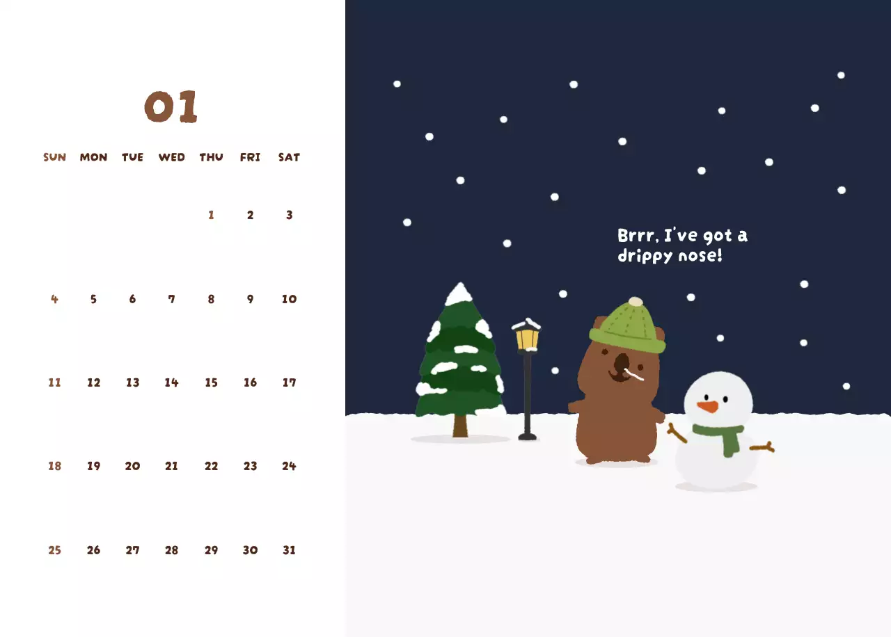 갈색 아기자기한 새해 달력