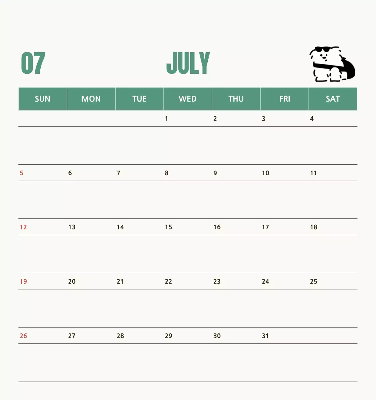 흰색 아기자기한 캘린더 달력