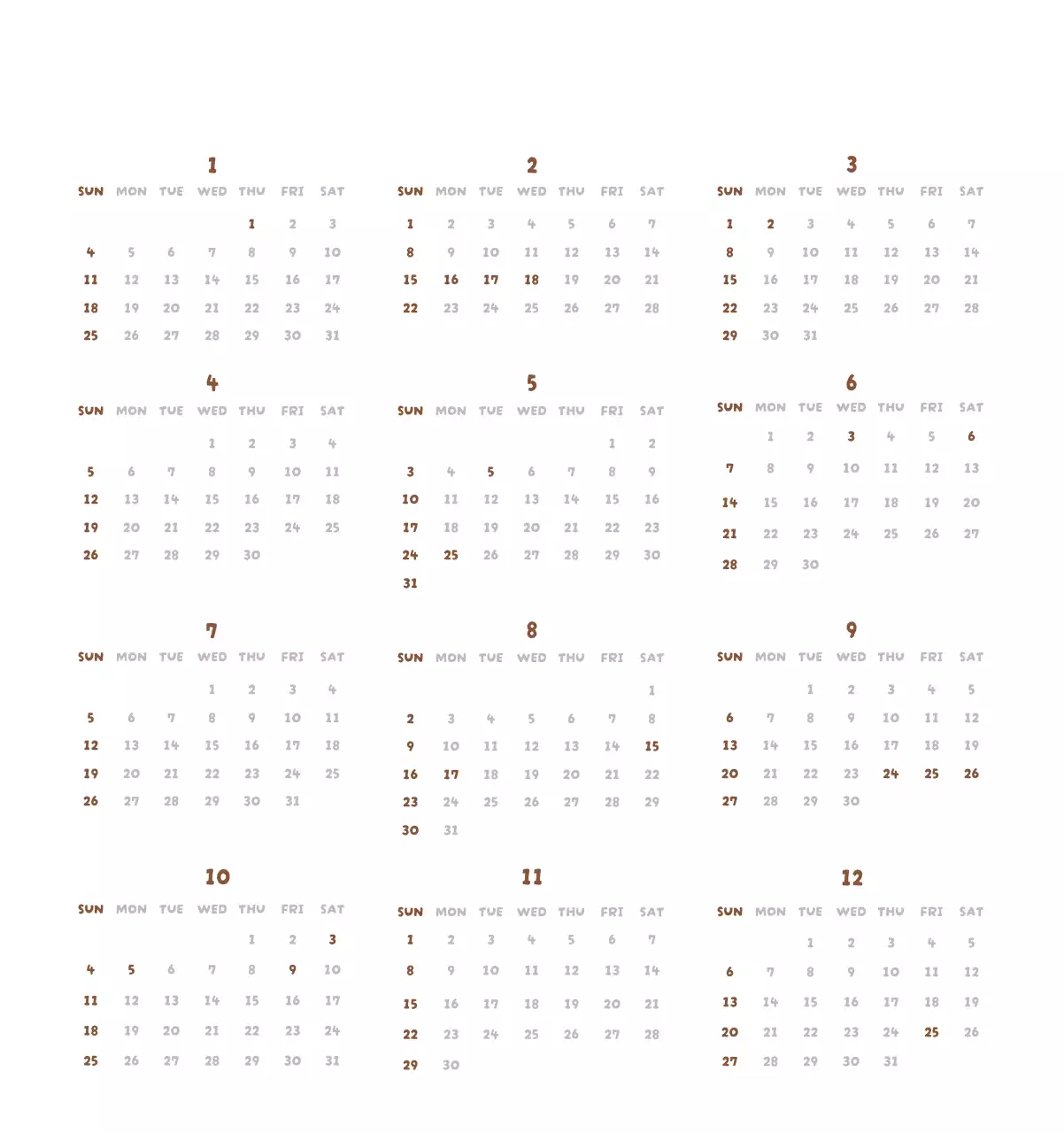 갈색 아기자기한 달력 달력