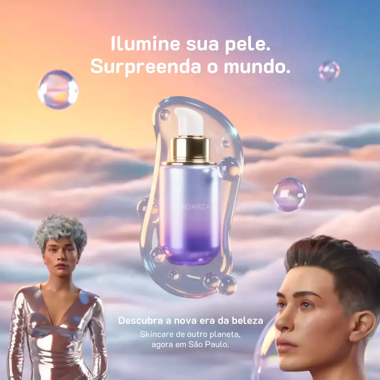 Publicidade de cuidados com a pele futuristas em roxo no Instagram