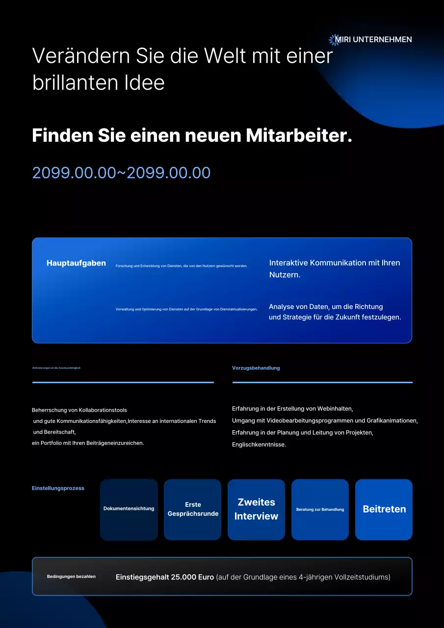 Blaue, moderne Ankündigung zur Einstellung neuer Mitarbeiter