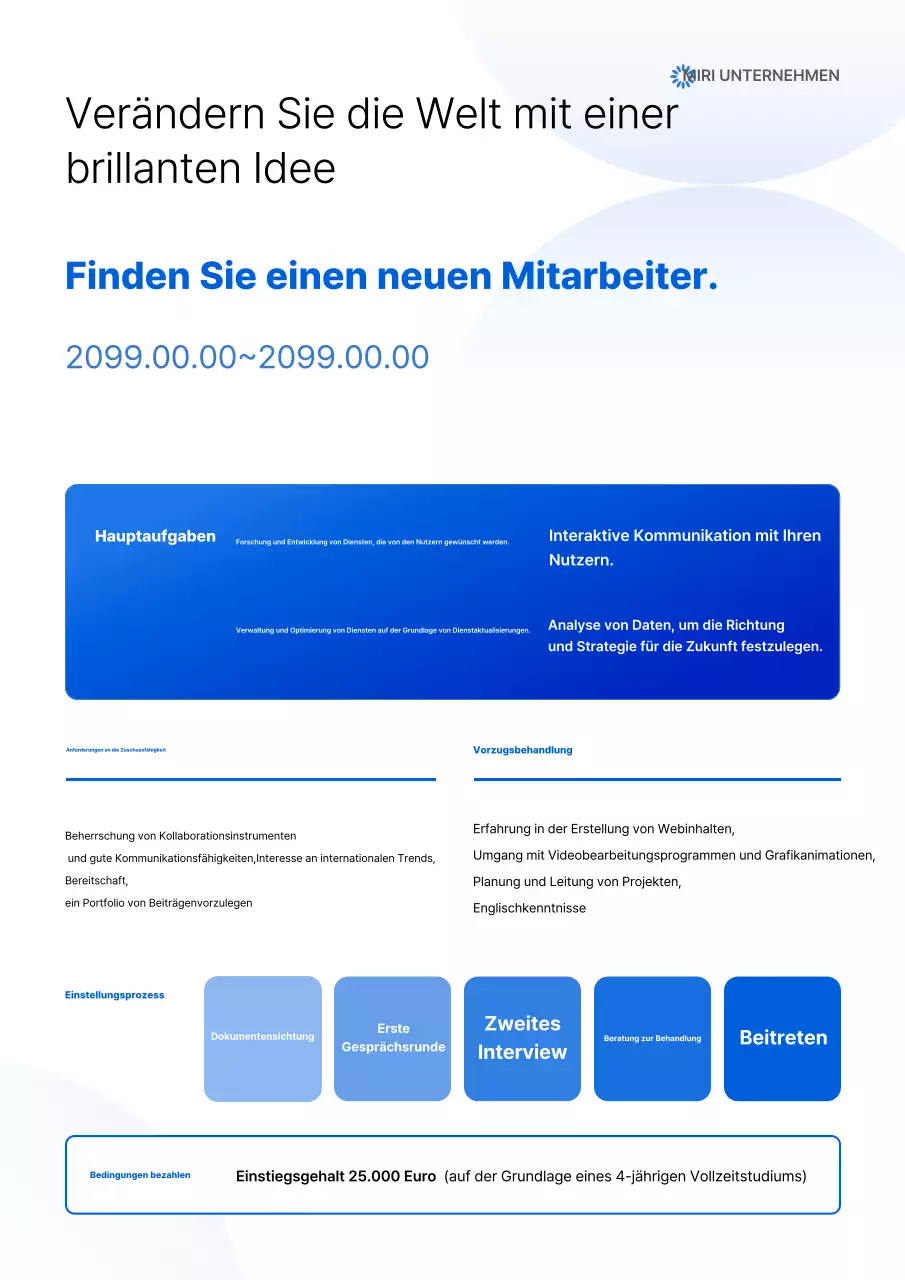 Blaue, moderne Ankündigung zur Einstellung neuer Mitarbeiter