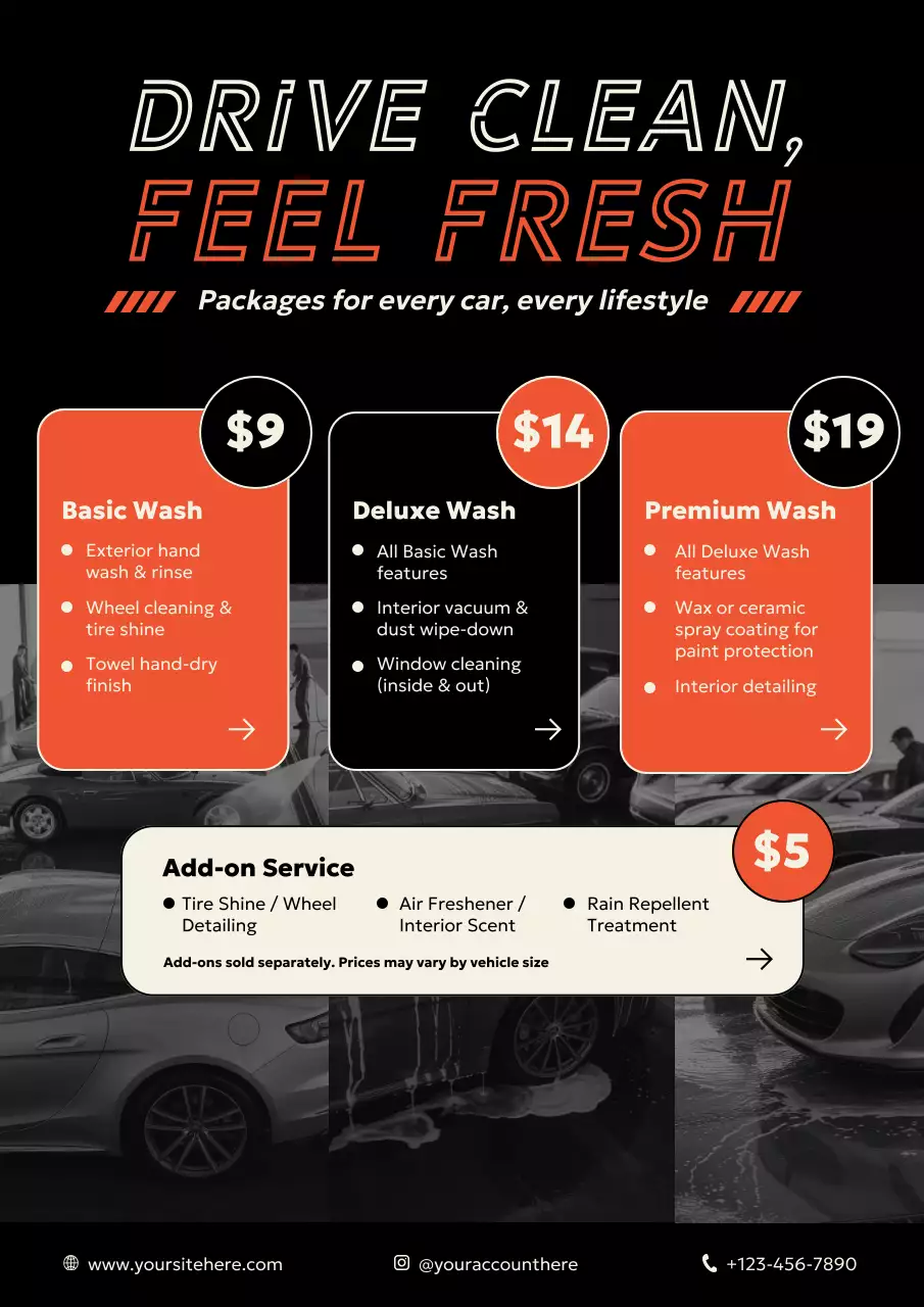 Orange and Black Modern Car Wash Price Menu Poster