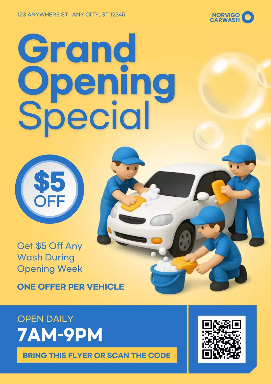 3D Yellow and Blue Car Wash Grand Opening Poster
