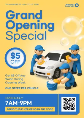 3D Yellow and Blue Car Wash Grand Opening Poster