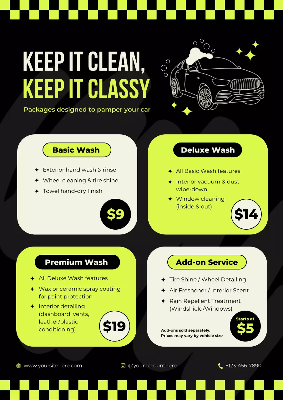 Green and Black Modern Car Wash Price Menu Poster