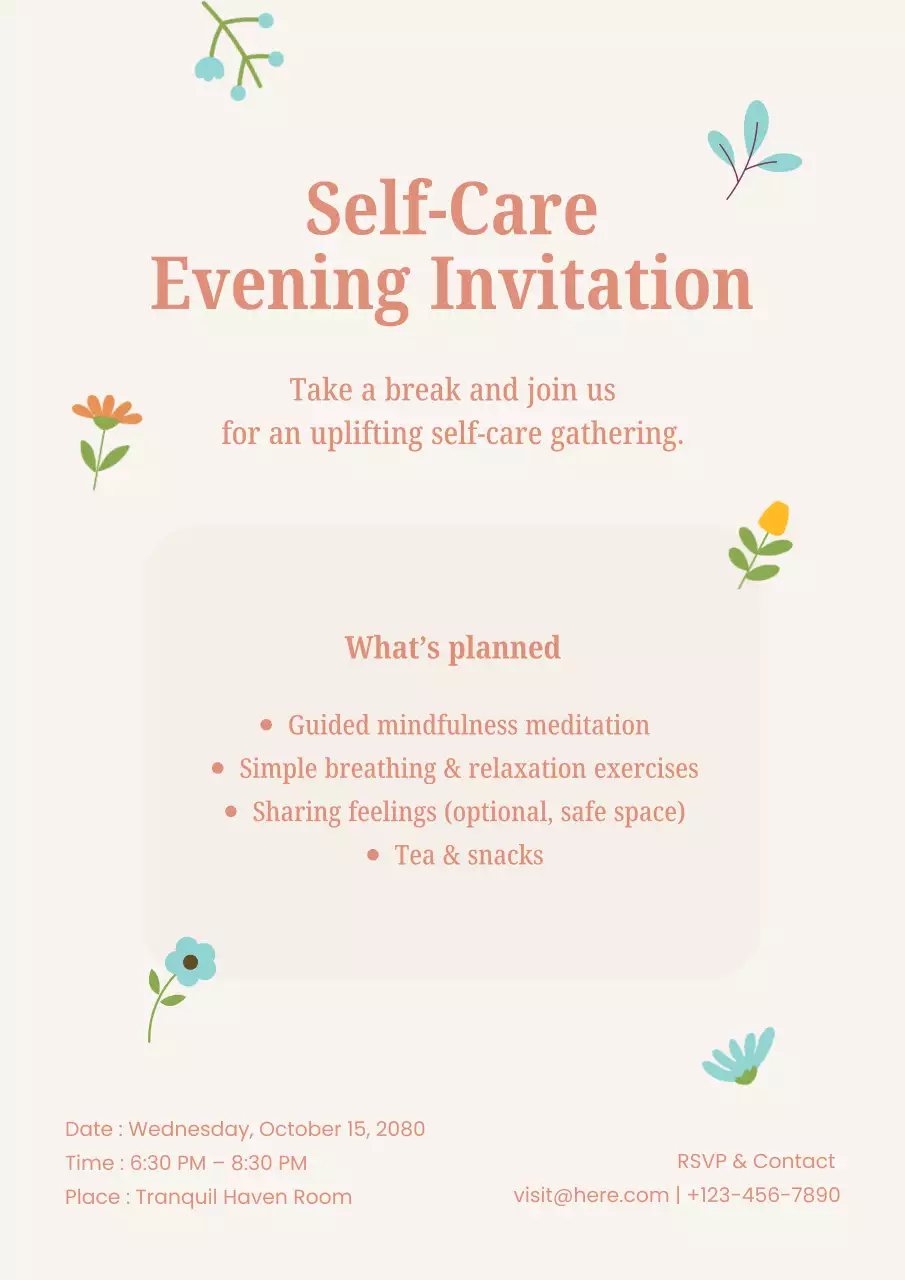 Beige Floral Self-Care Invitation Web Poster