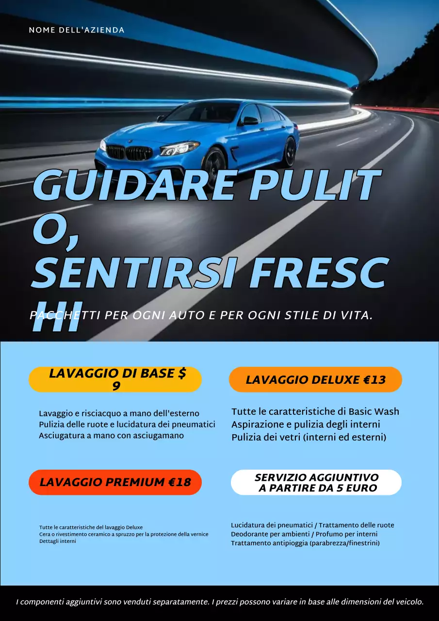 Manifesto pubblicitario promozionale per autolavaggio moderno blu