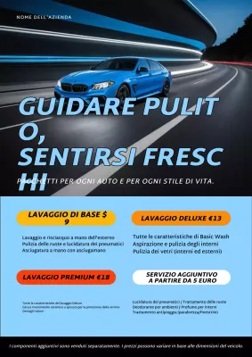 Manifesto pubblicitario promozionale per autolavaggio moderno blu