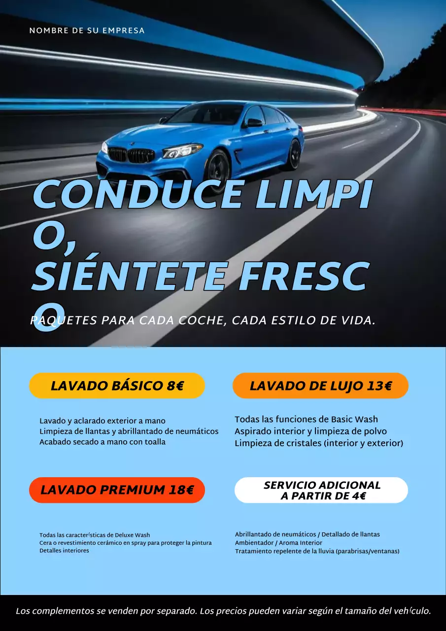 Cartel promocional de lavado de coches moderno azul