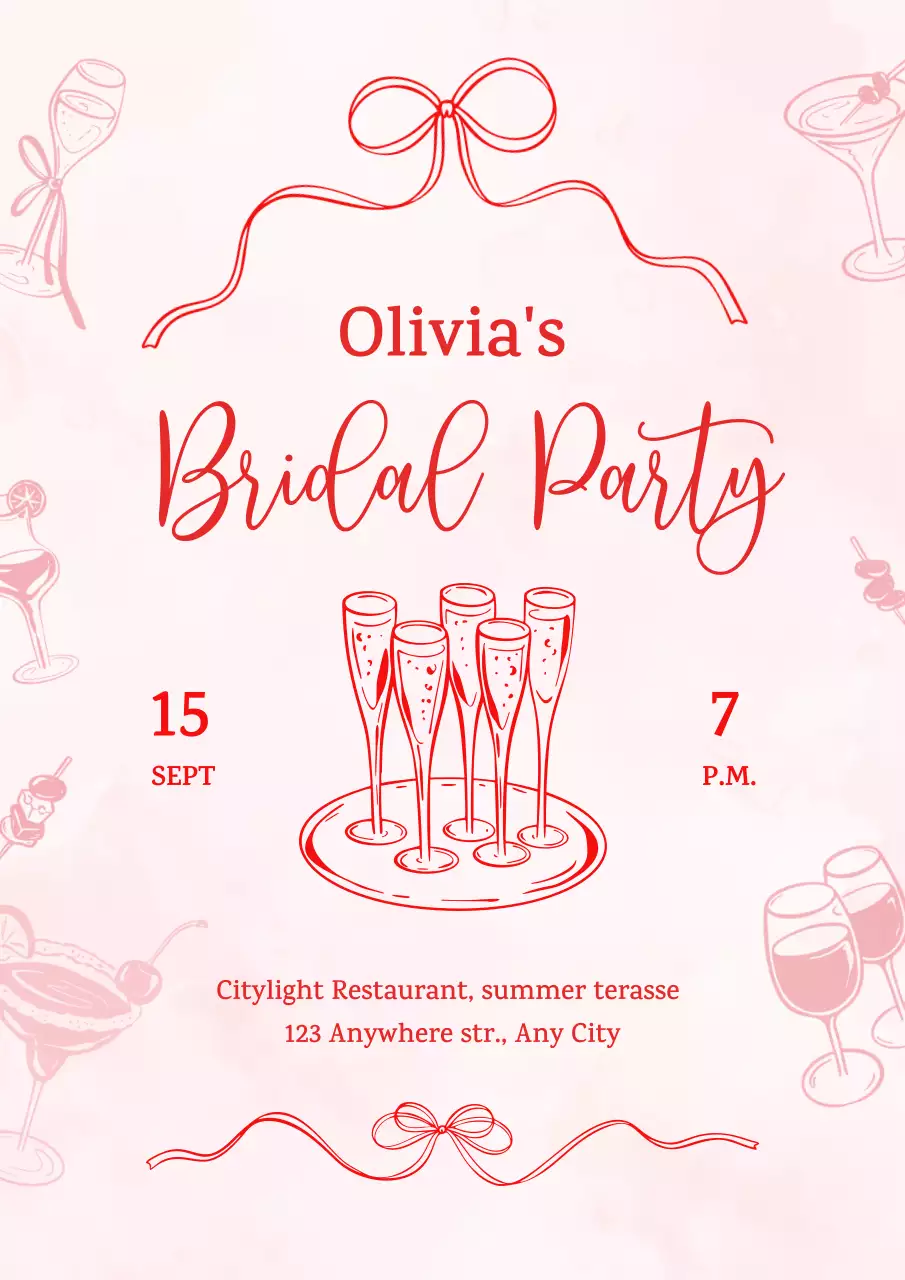 Trendy coquette style Bridal bachelorette party invitation in pink and red colors
