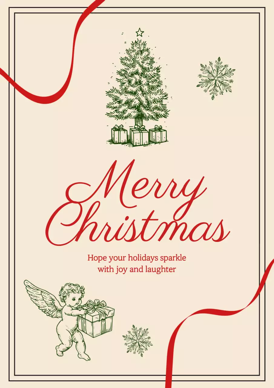 베이지 클래식 크리스마스 리본 엽서