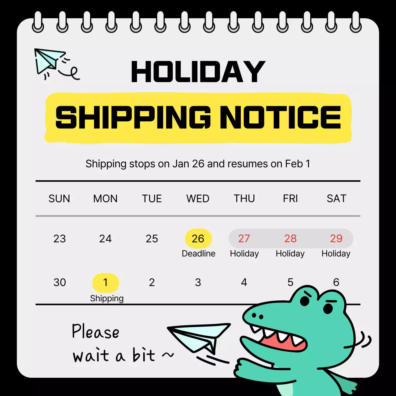 노란색 만화 휴일 공지 소셜 미디어 게시물