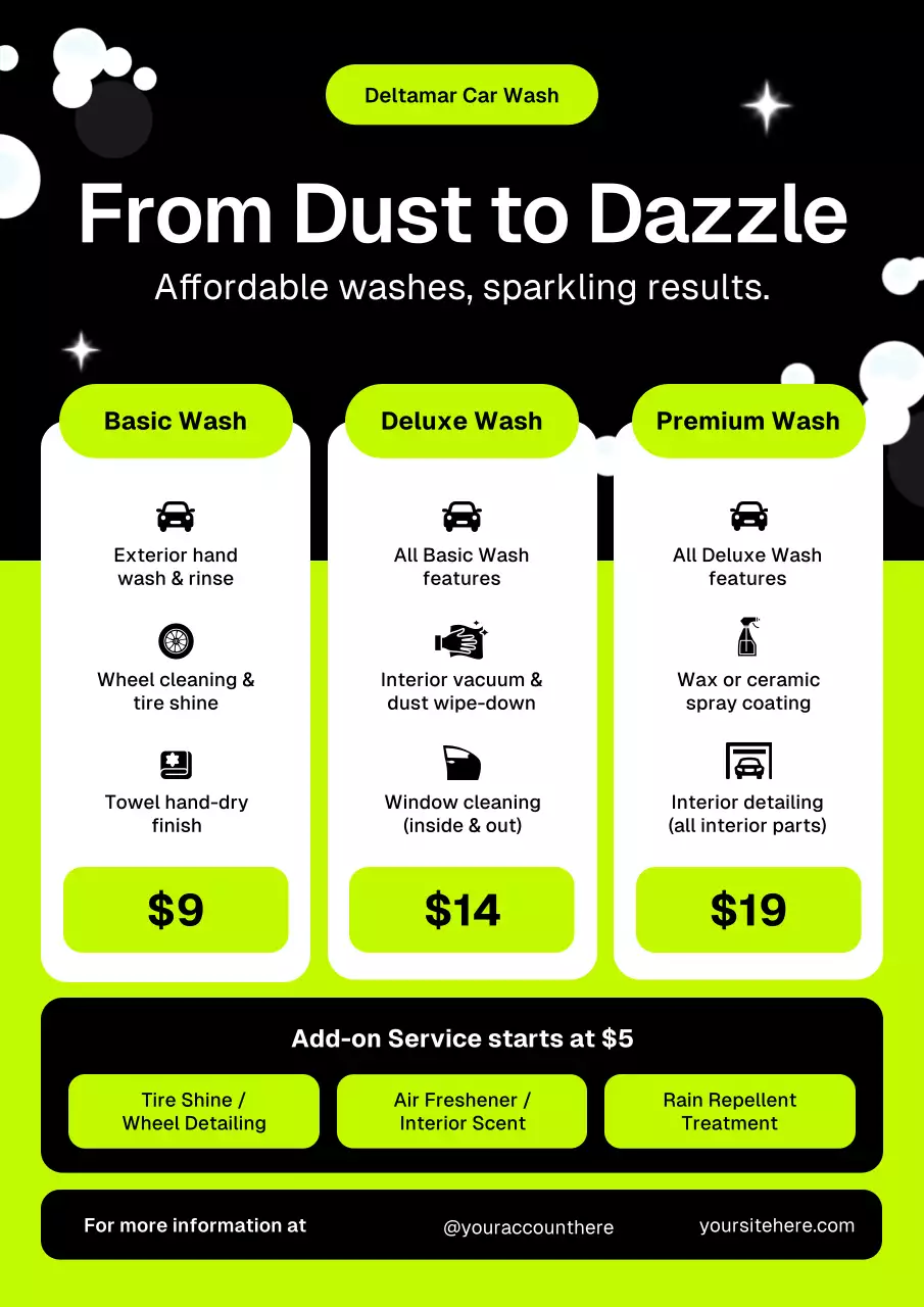 Green and Black Bold Modern Car Wash Price Menu Poster