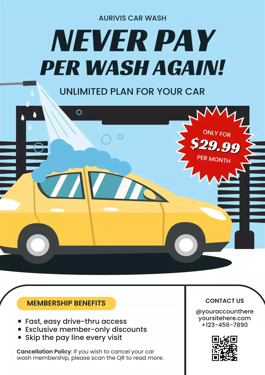 Blue and Yellow Illustrative Car Wash Membership Promotion Poster