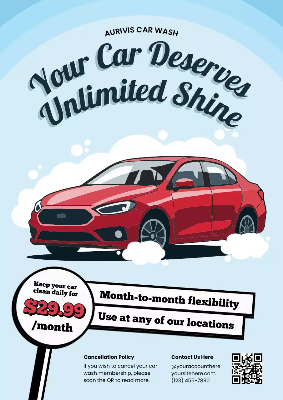 Blue and Red Retro Illustrative Car Wash Membership Promotion Poster