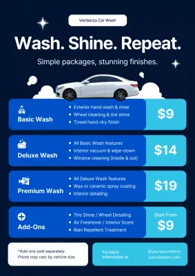 Blue and White Bold Modern Car Wash Price Poster