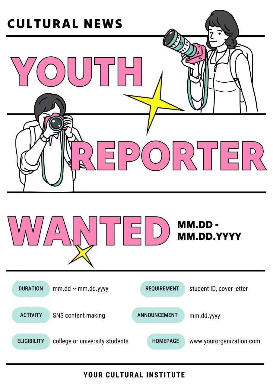 Kitschy pink-and-white college student media crew openings