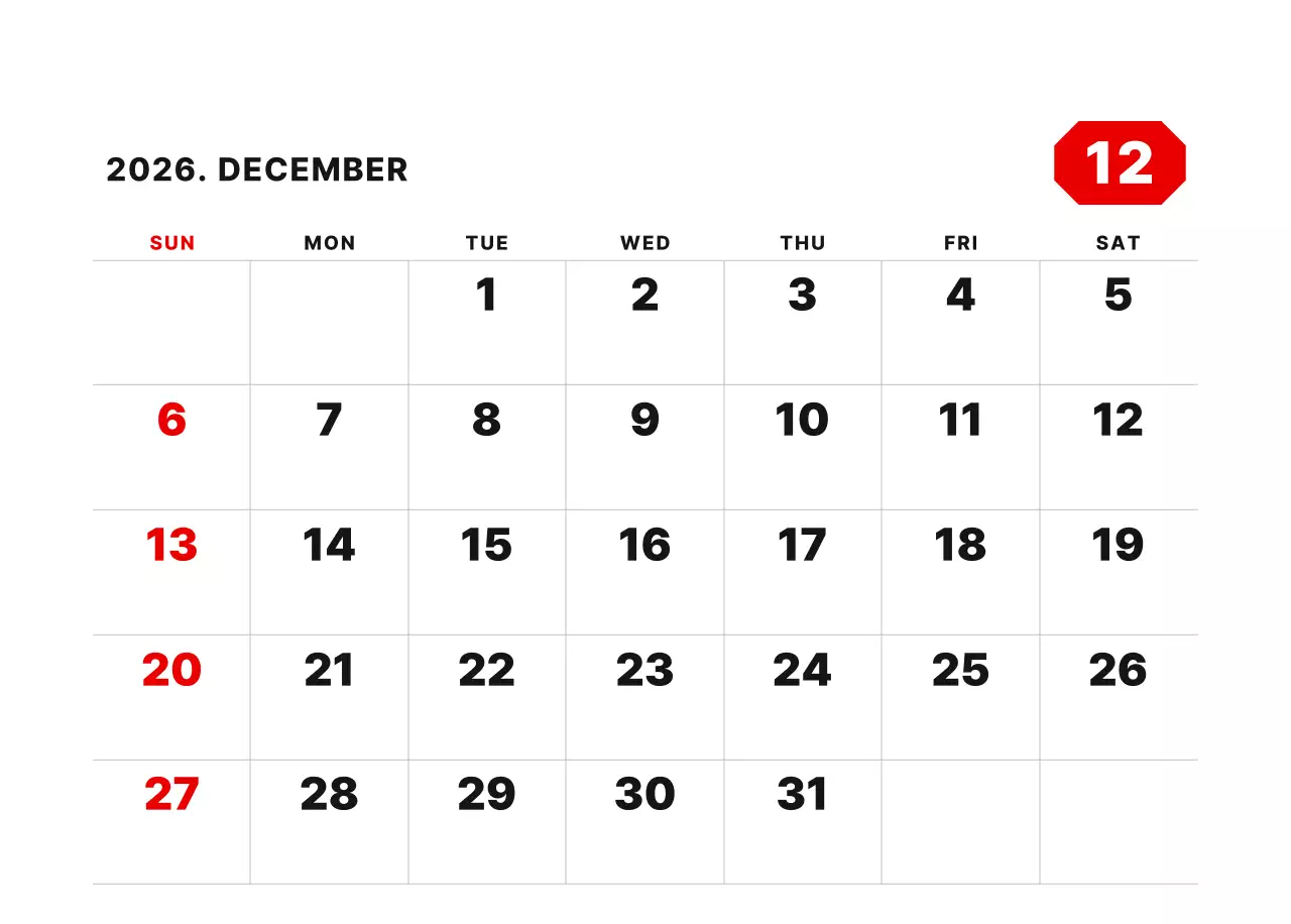 カラフルでシンプルな数字カレンダー