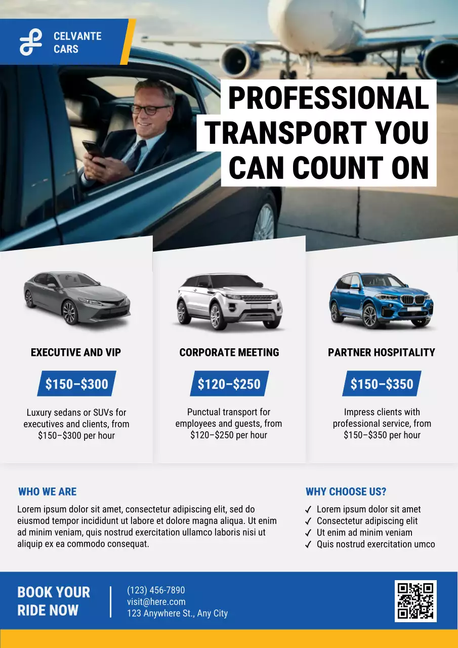 Blue and Yellow Professional Transportation Service Proposal and Rate Card Poster