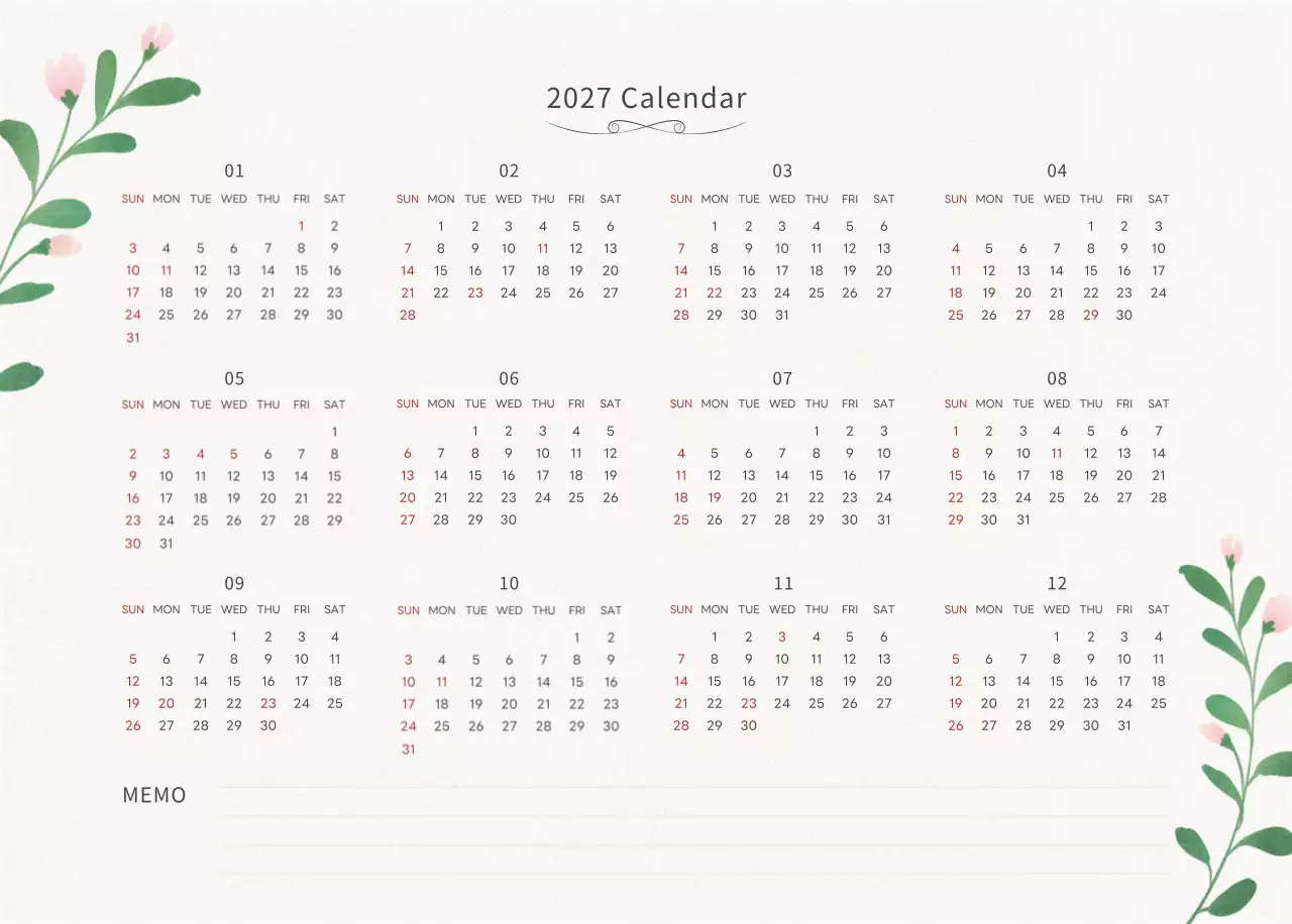 アイボリーとグリーンのシンプルな2025年花柄卓上カレンダー