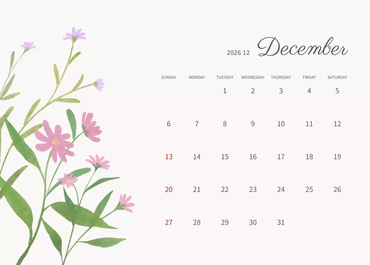 アイボリーとグリーンのシンプルな2025年花柄卓上カレンダー