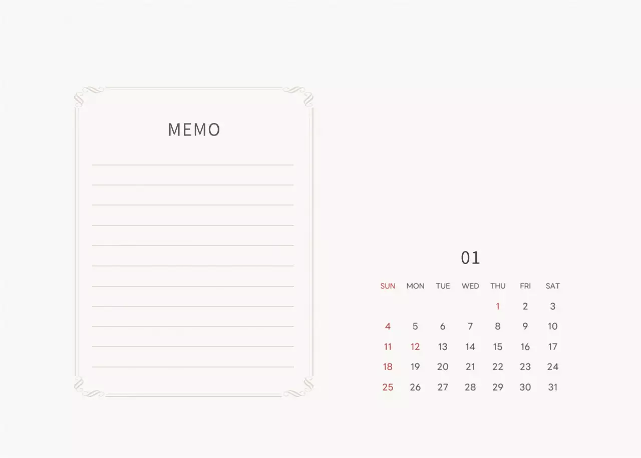 アイボリーとグリーンのシンプルな2025年花柄卓上カレンダー