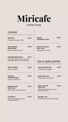 Menu de Café Minimalista Bege