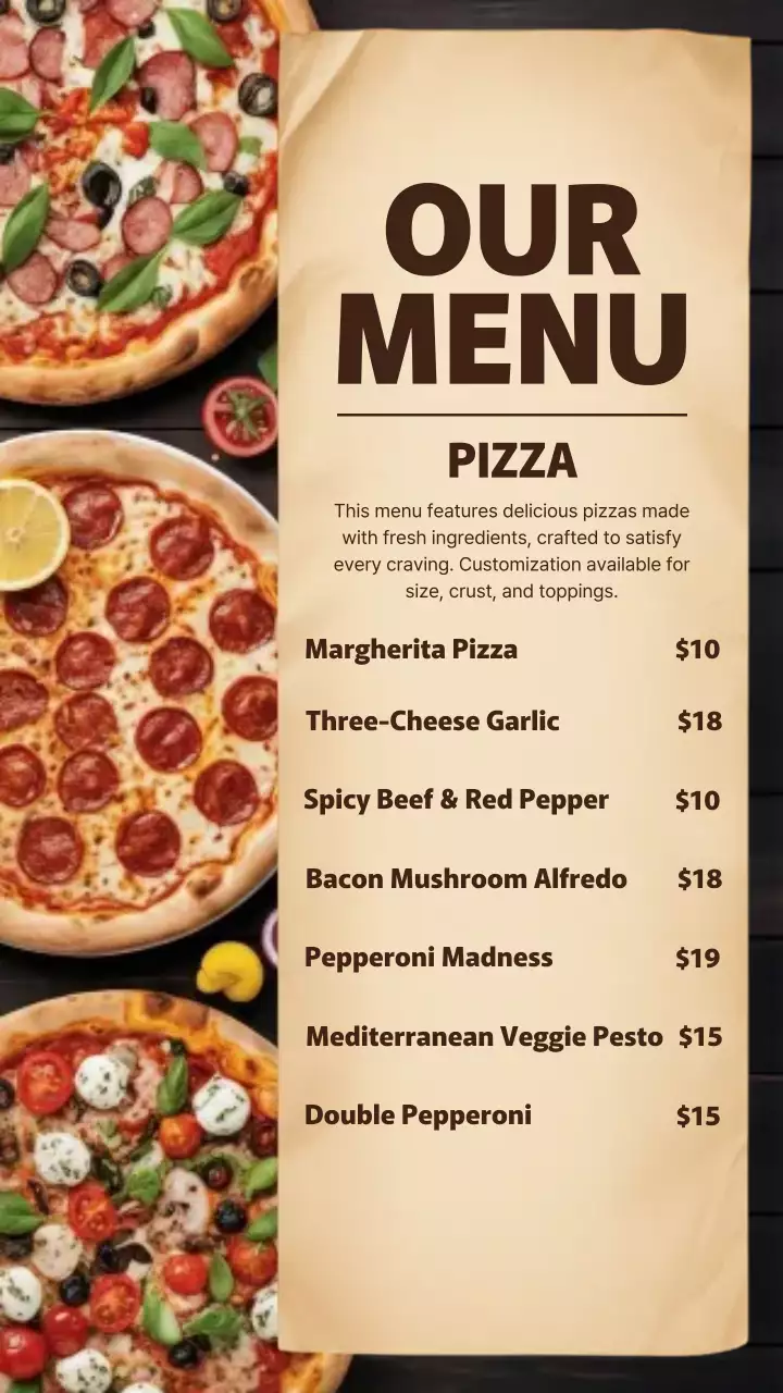 Postagem no Instagram do cardápio de pizza moderna bege