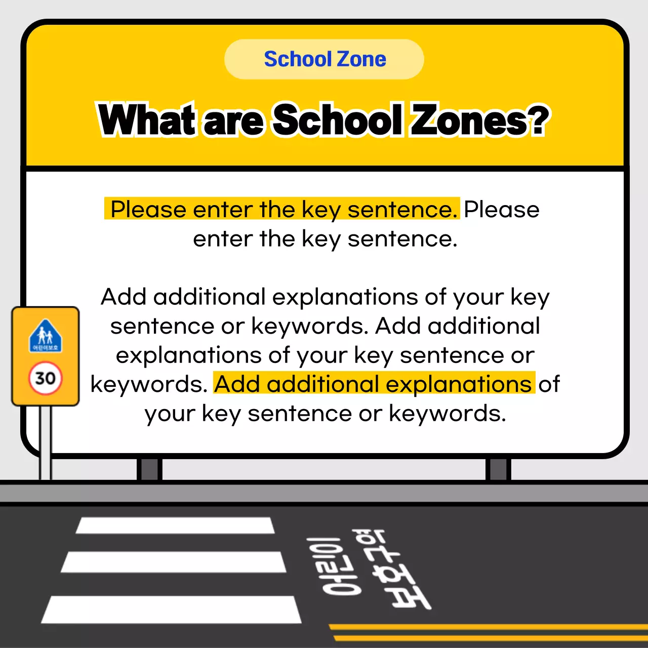 School zone traffic safety tips with yellow and blue sign concept